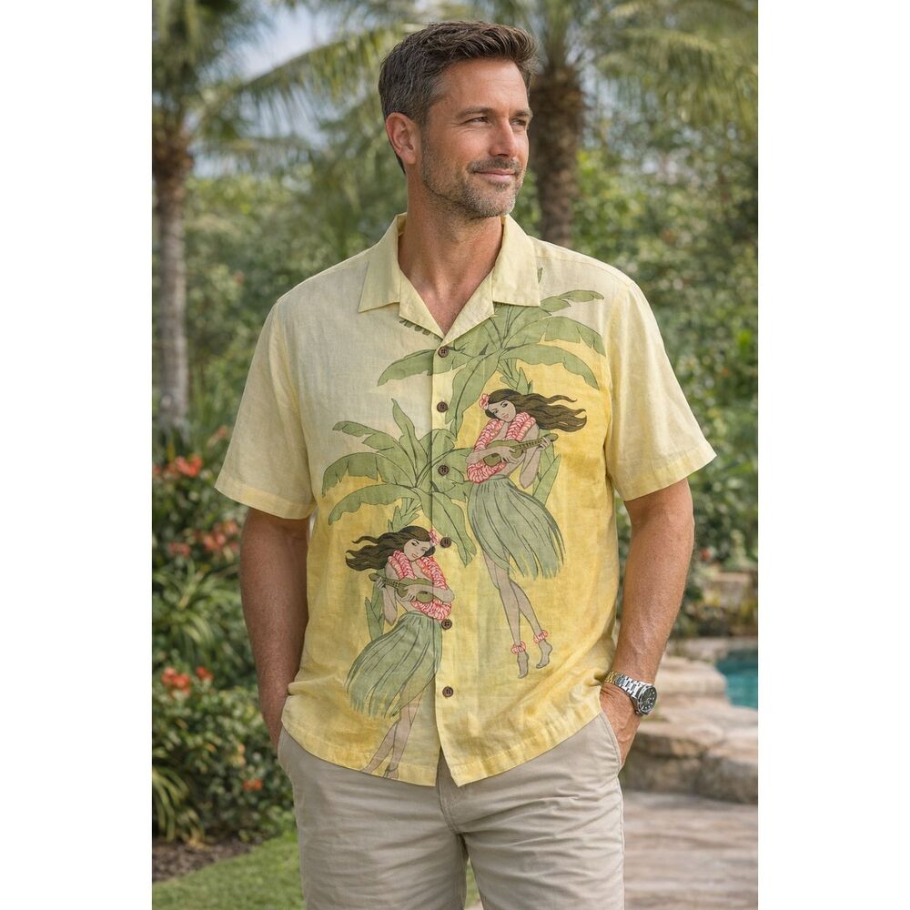 Tommy Bahama 100% Linen Hula Girl Hawaiian Shirt L Yellow Tropical Vintage Rare